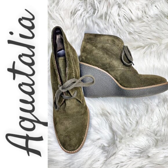 AQUATALIA Vianna Weatherproof Moss Green Suede Wedge Bootie, Size 8 - Picture 3 of 11